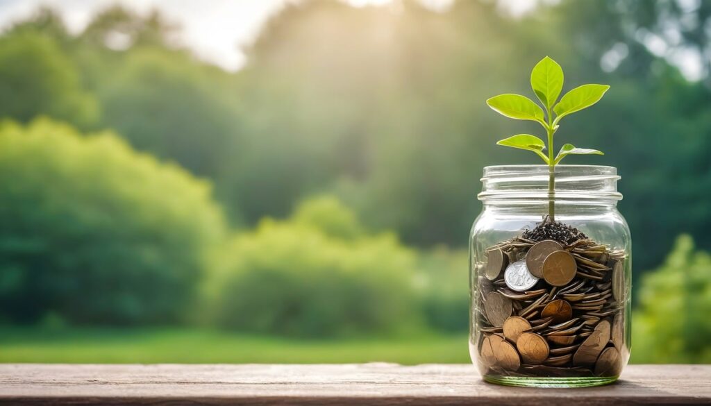 Growth of investment concept with plant sprouting from jar of coins outdoors